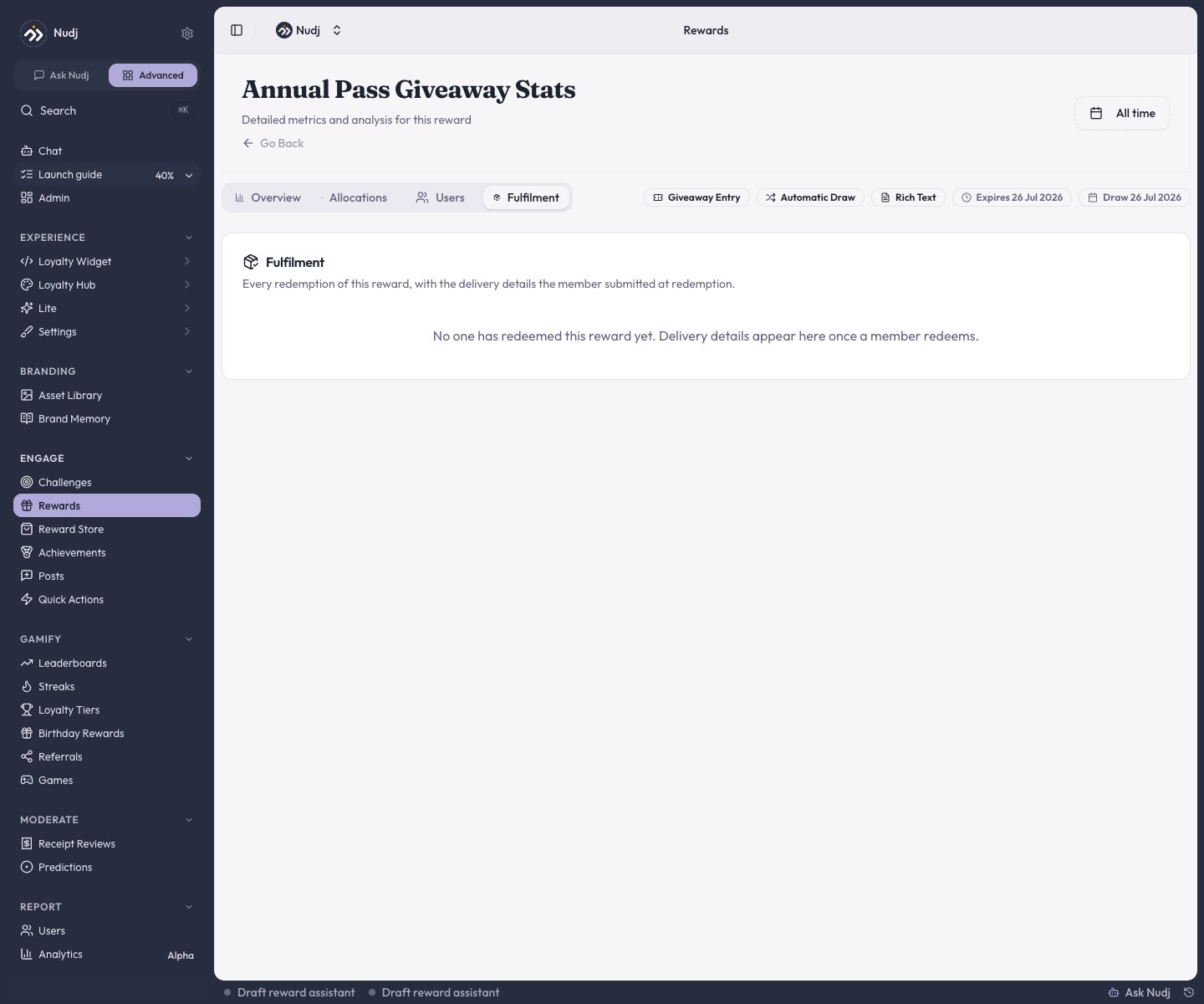 Reward Stats page with the Fulfilment tab selected, showing the empty state