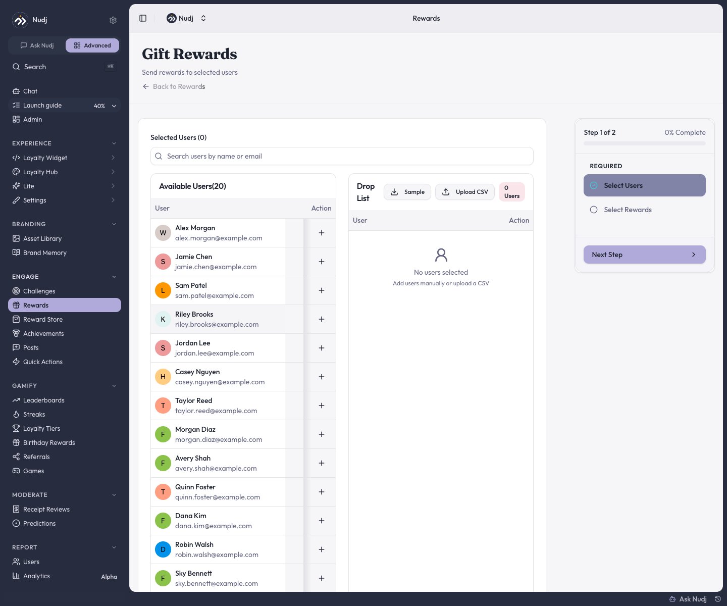 Gift Rewards flow with Select Users step, Drop List, and CSV upload