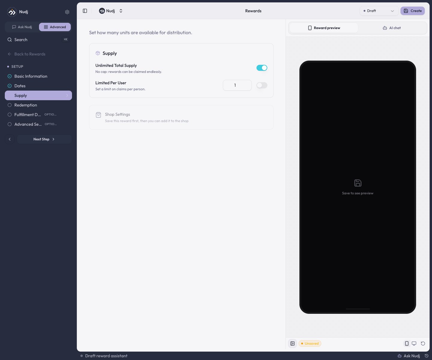 Supply step showing Unlimited Total Supply and Limited Per User
