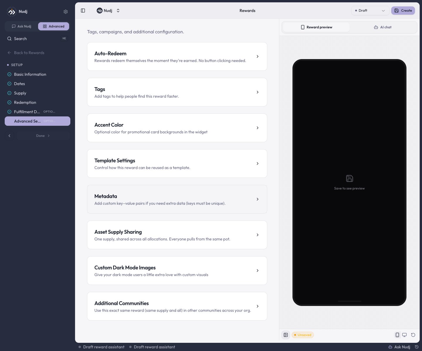 Reward studio Advanced Settings step