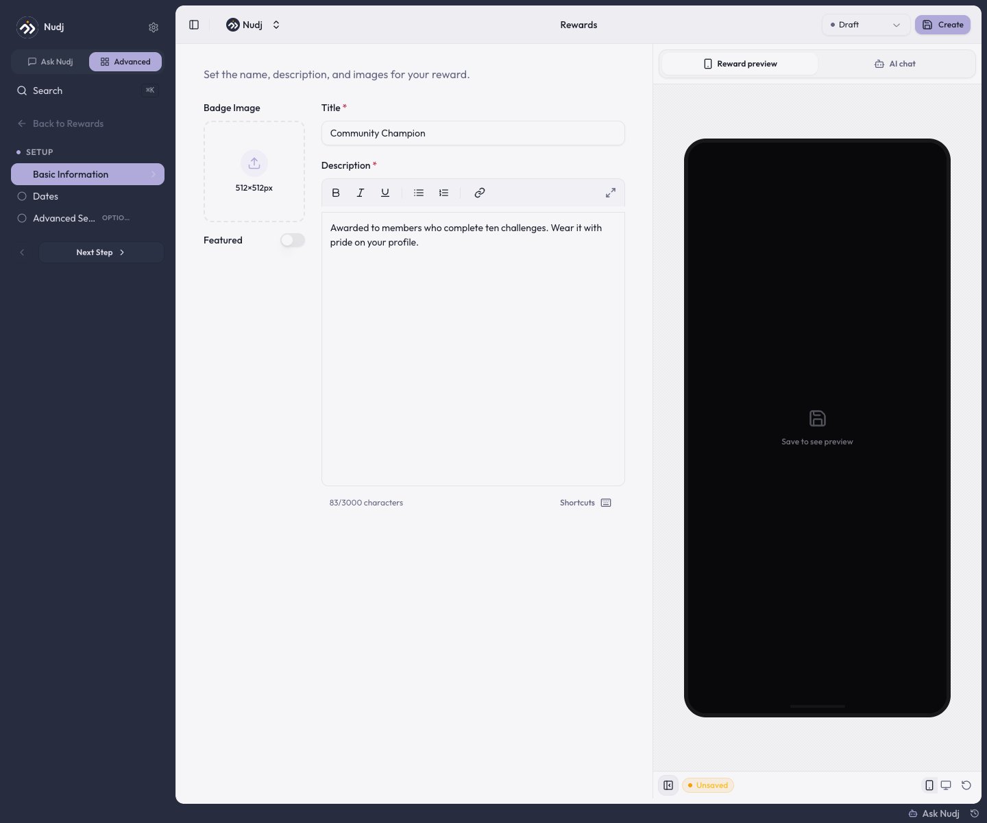 Badge Basic Information step with the three-step sidebar