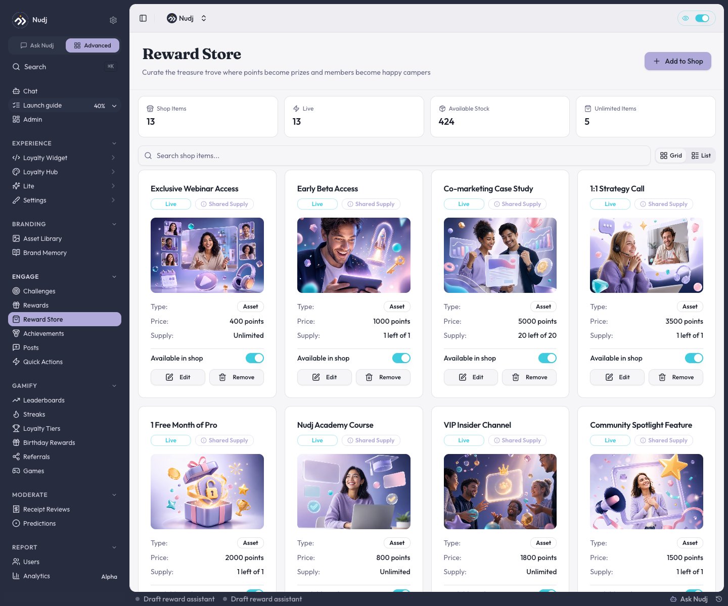 Reward Store admin page with shop items, prices, and supply