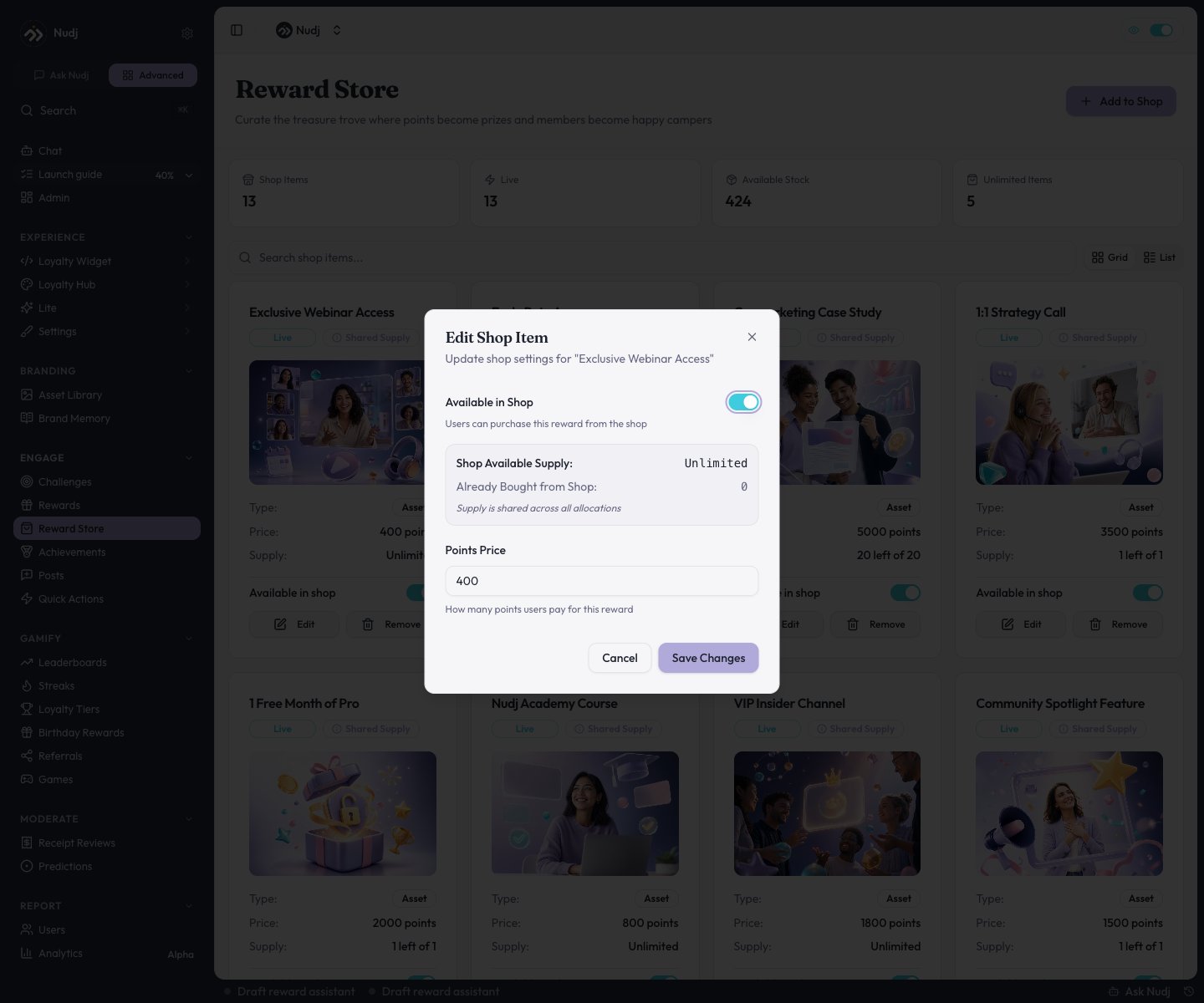 Edit Shop Item dialog with Available in Shop switch and Points Price