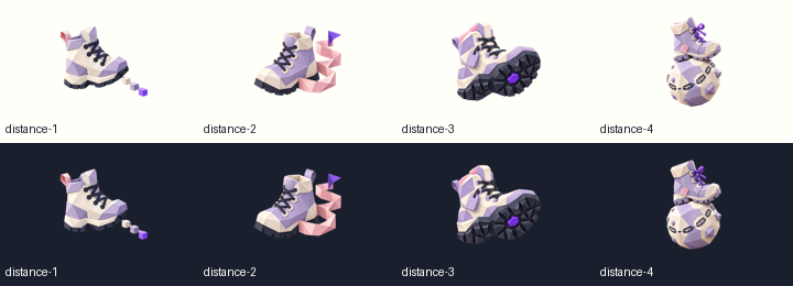 Paper-cut walking badges show a boot, a scenic path, a worn sole and a boot standing on a tiny planet