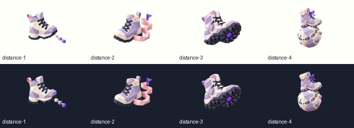 Paper-cut walking badges show a boot, a scenic path, a worn sole and a boot standing on a tiny planet