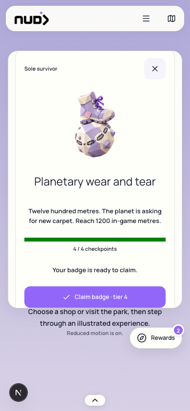 Planetary wear and tear badge with four completed checkpoints and a tier-four claim button