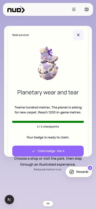 Planetary wear and tear badge with four completed checkpoints and a tier-four claim button