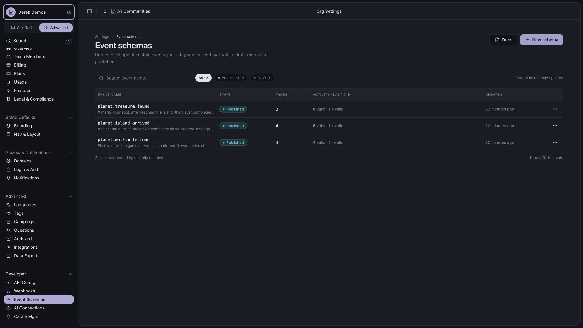 Live Nudj admin list showing published walking, island-arrival and treasure schemas with valid and invalid event counts