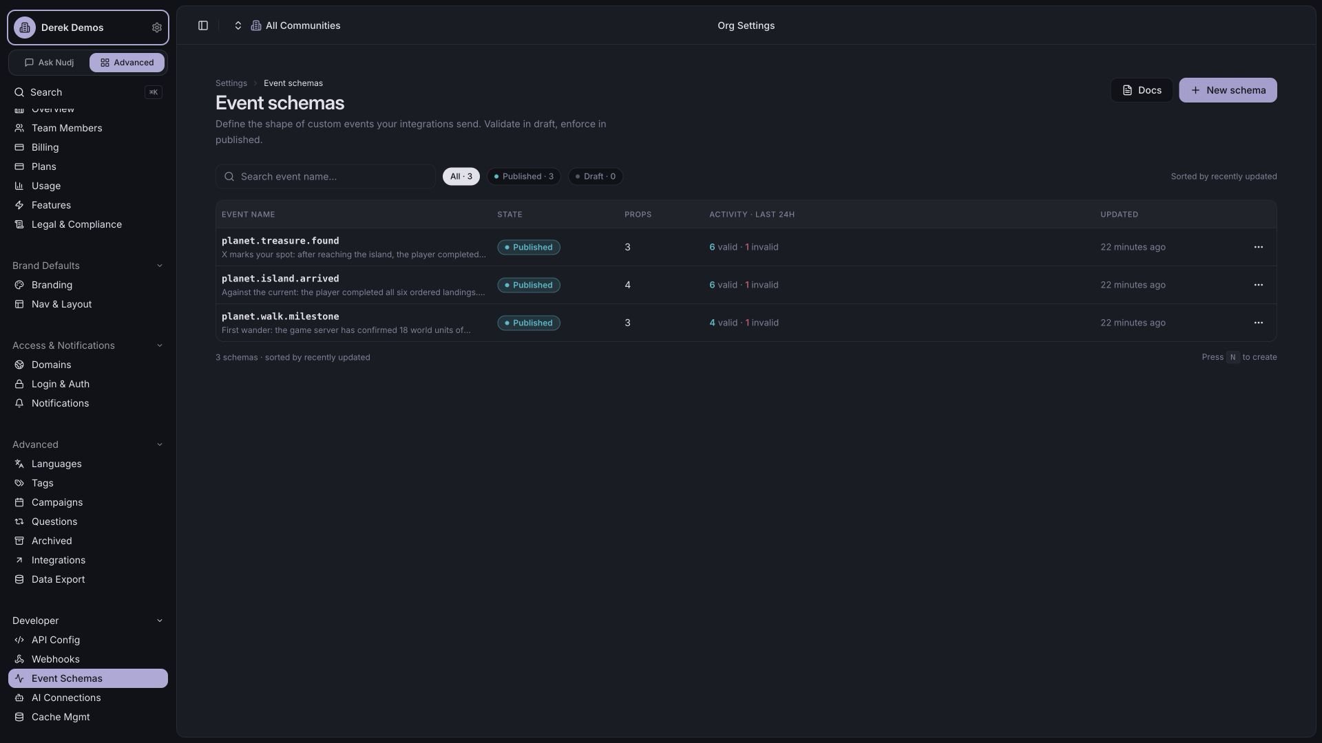 Live Nudj admin list showing published walking, island-arrival and treasure schemas with valid and invalid event counts