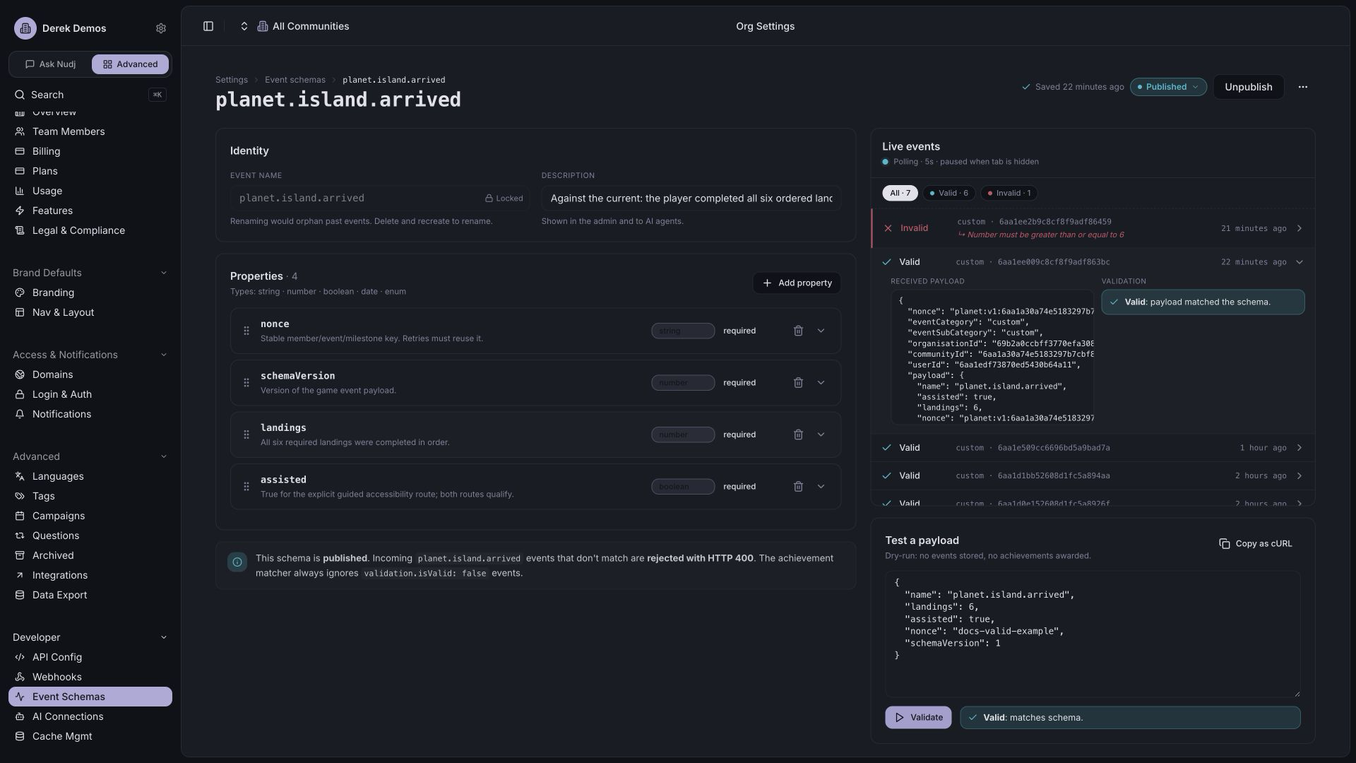 Expanded valid island-arrival game event alongside a successful dry-run validation with landings six and assisted true