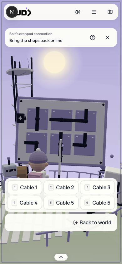 Actual mobile 3D relay with six rotatable cable tiles and Back to world control