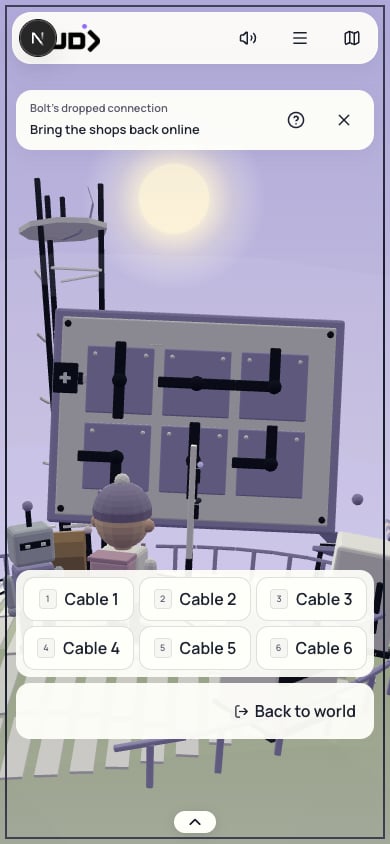 Actual mobile 3D relay with six rotatable cable tiles and Back to world control