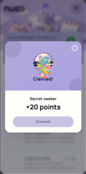 Native Secret seeker reward confirmation in the game phone showing Claimed and plus 20 points