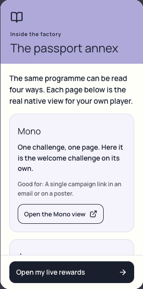 Planet Nudj phone showing the passport annex, its Mono format card and a button to open the native view