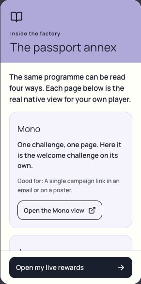Planet Nudj phone showing the passport annex, its Mono format card and a button to open the native view