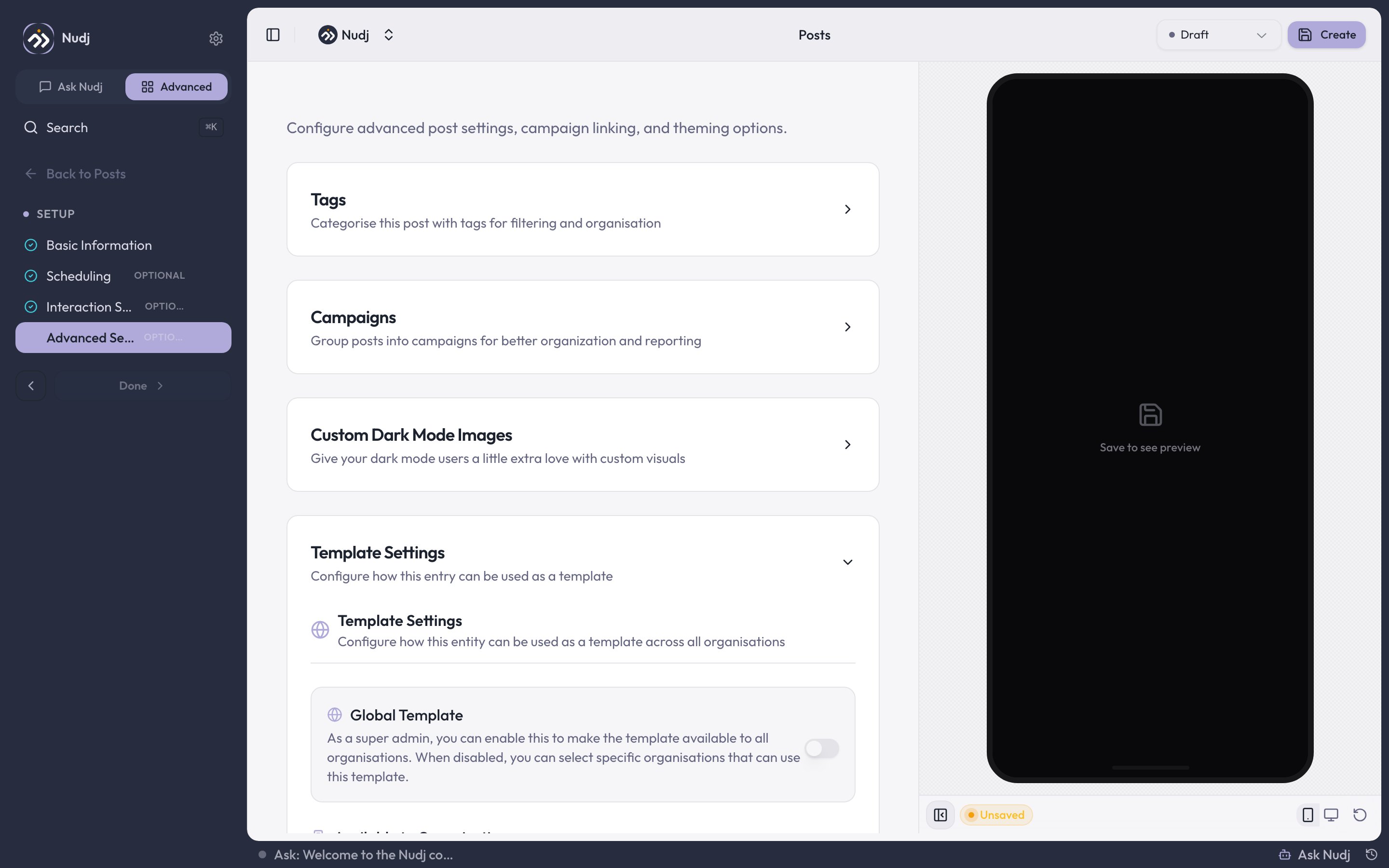 Post studio Advanced Settings step