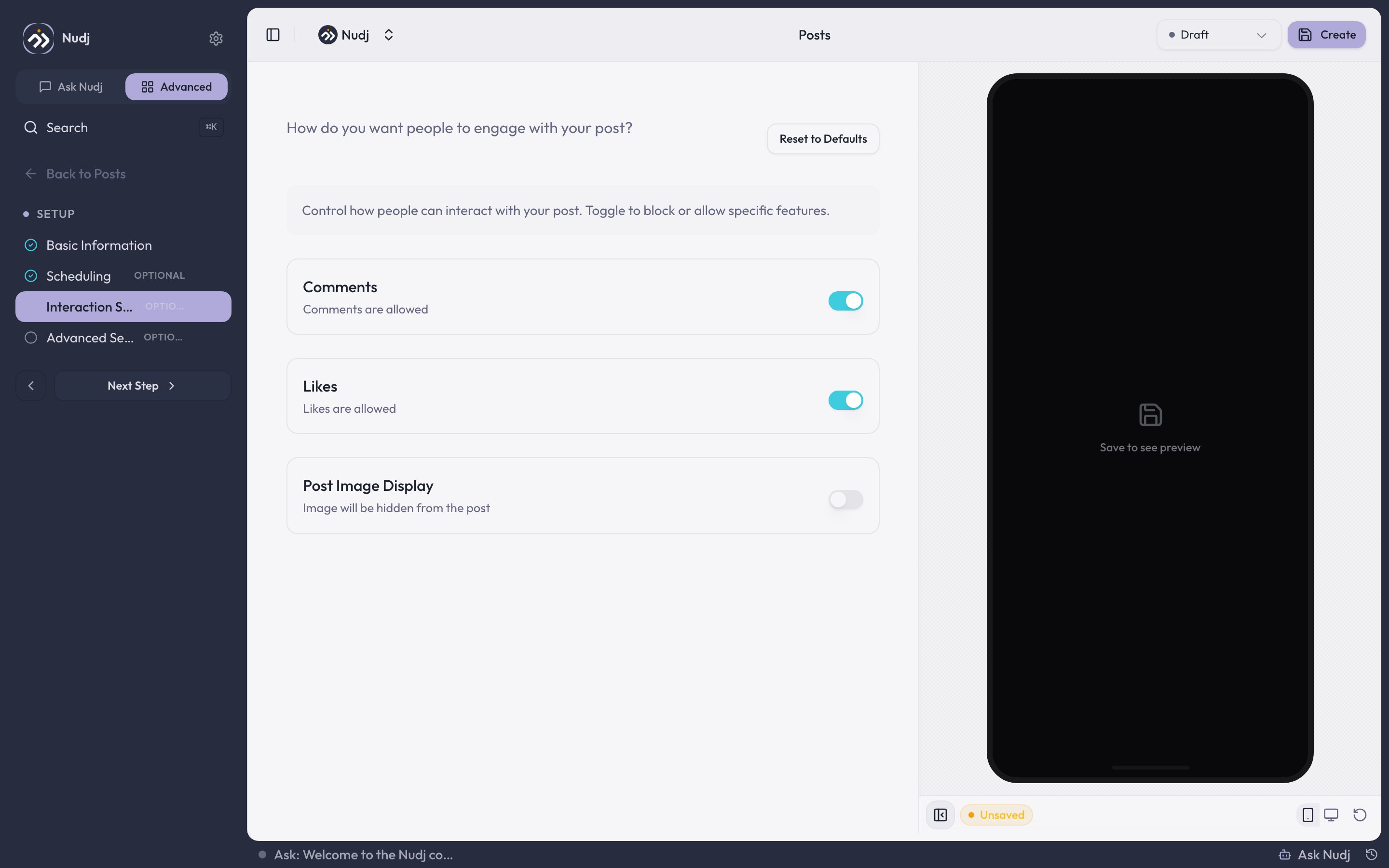 Post studio Interaction Settings step