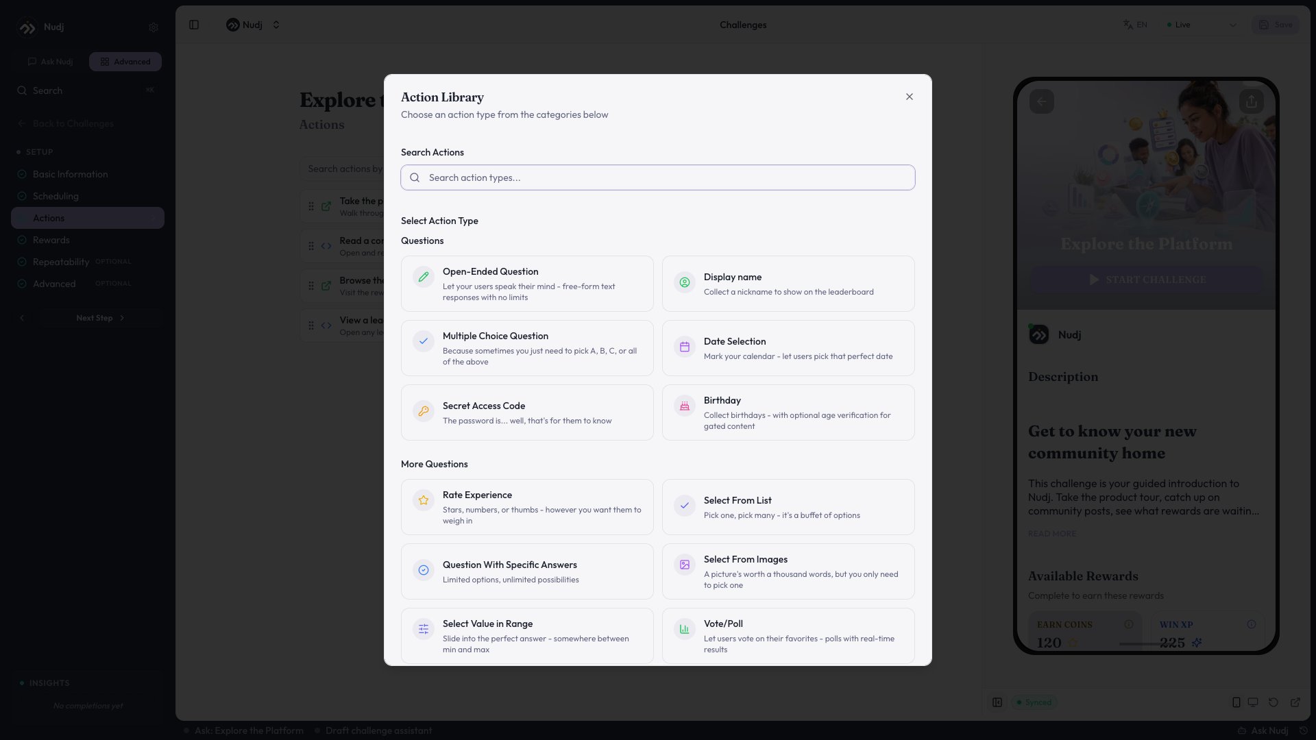 The Action Library modal listing the action types you can add to a challenge