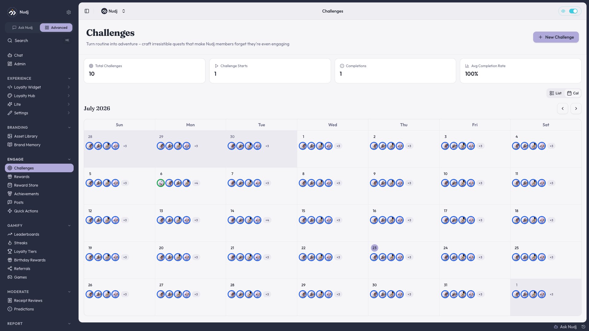 Challenge calendar month view with challenge bubbles and per-day overflow indicators