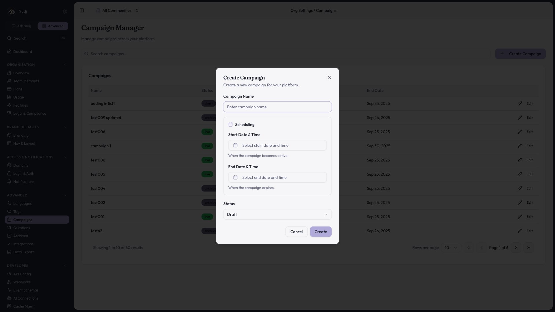 Create Campaign dialog with campaign name, scheduling, and status fields