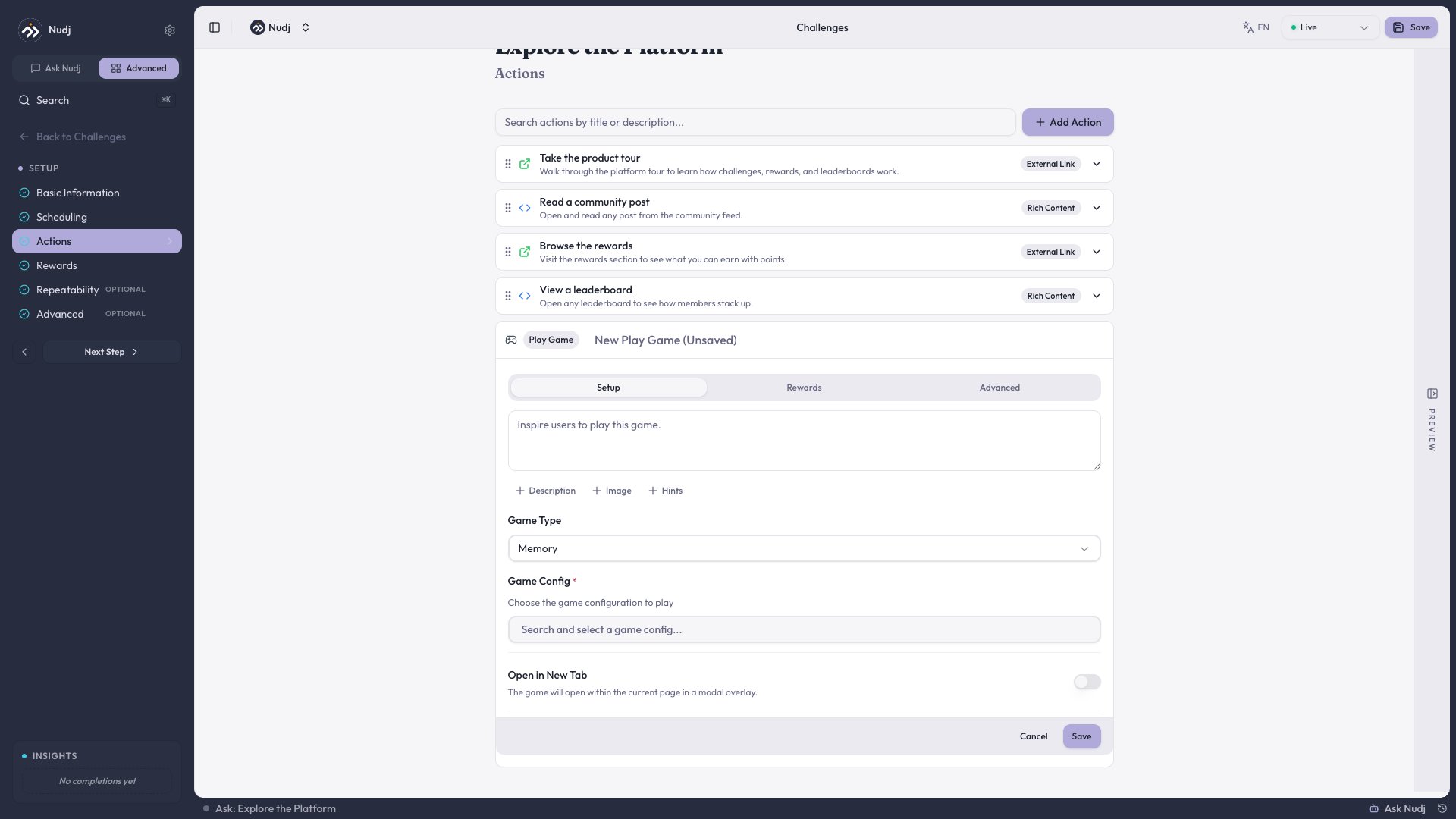 Play Game action with the game type picker and game config selector