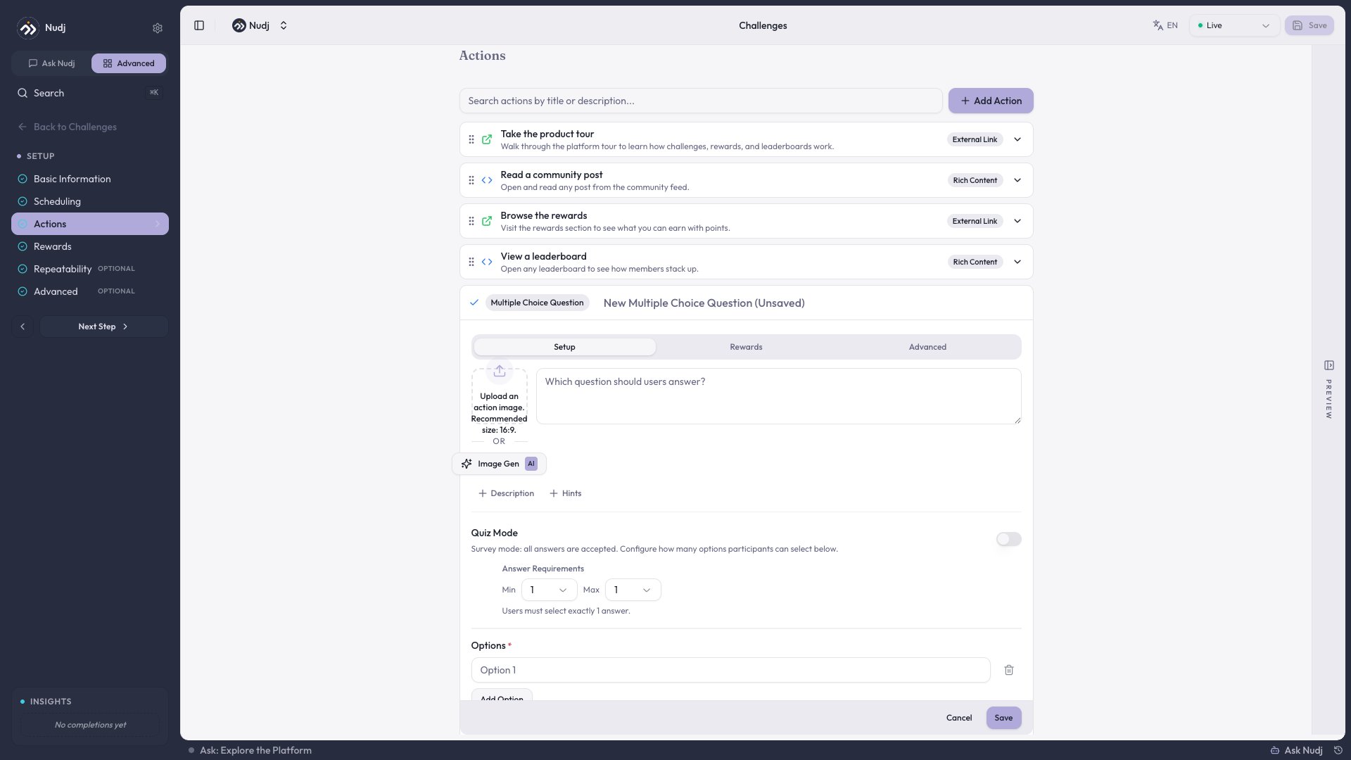 Question action configuration with the banner image upload expanded