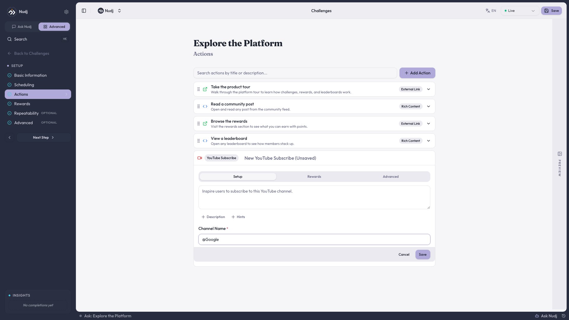 YouTube Subscribe action with the channel name input field