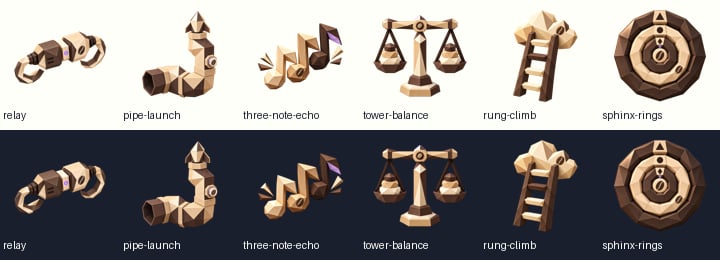 Six coffee-coloured puzzle badge cutouts with bean details, shown at 96 pixels on cream and dark ink
