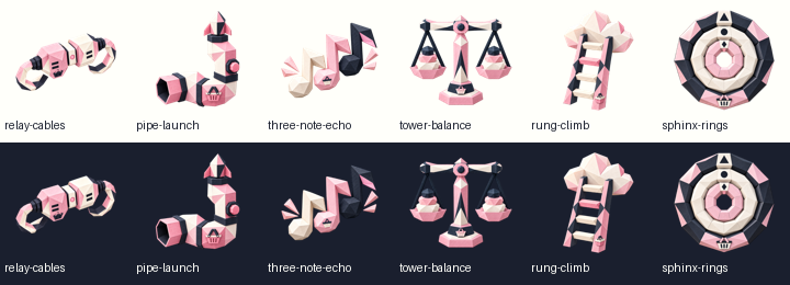 Six pink Market Lane puzzle badges with basket details, shown at 96 pixels on cream and dark ink