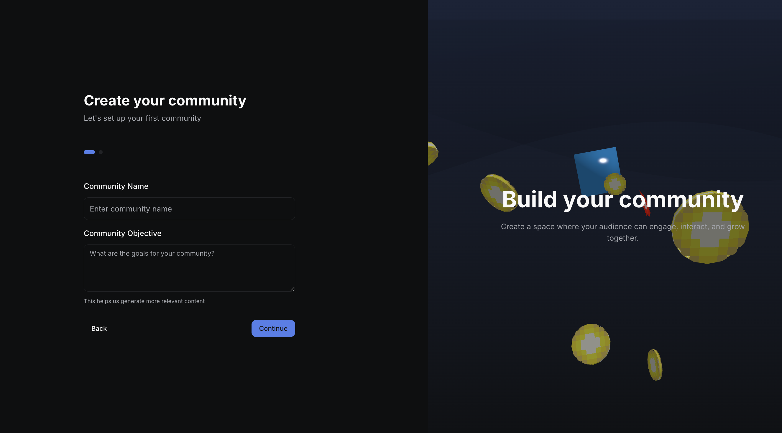 Community creation interface showing Community Name and Community Objective input fields with a clean, focused design