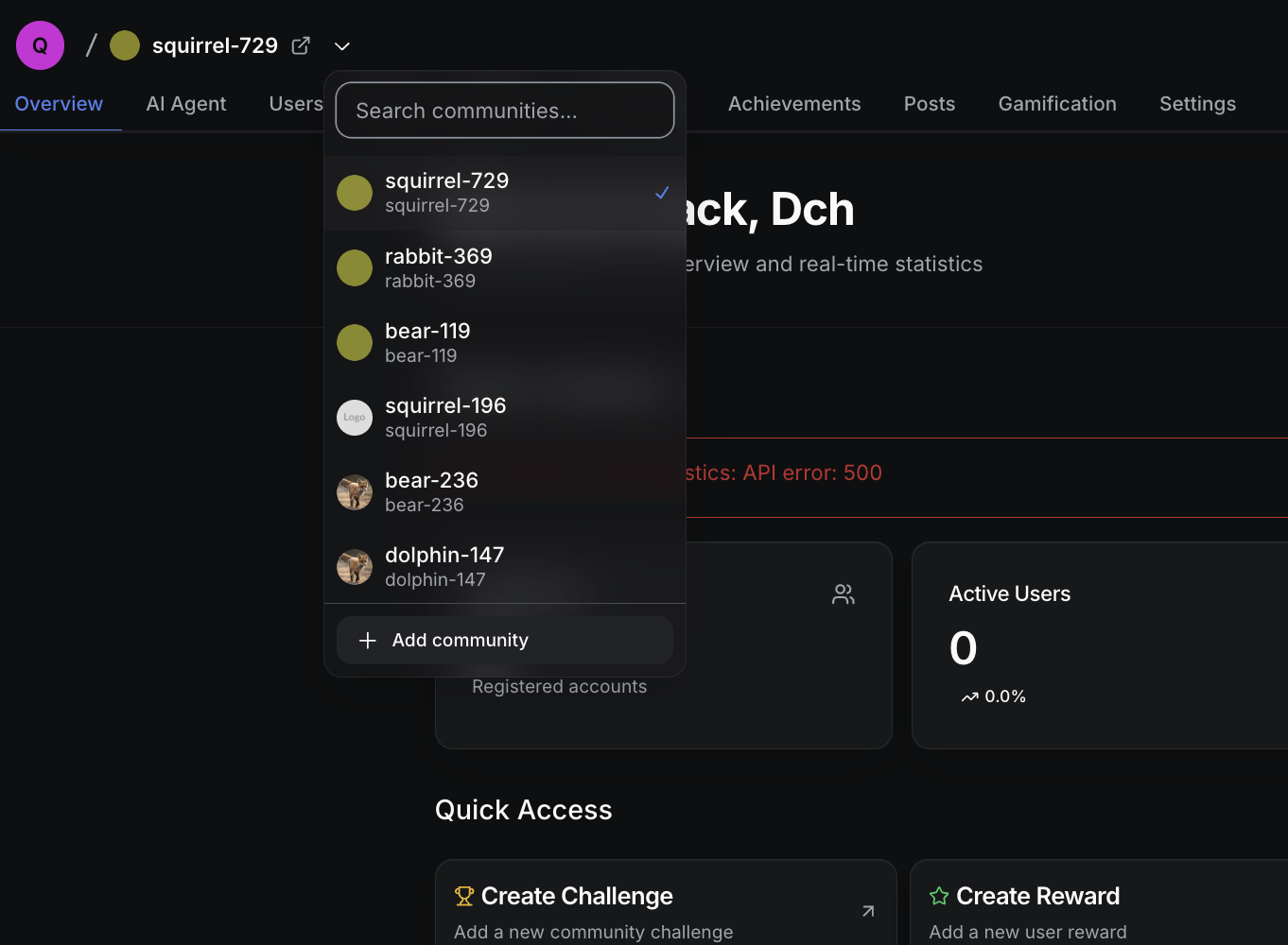 Community dropdown menu showing multiple existing communities with an 'Add community' option at the bottom