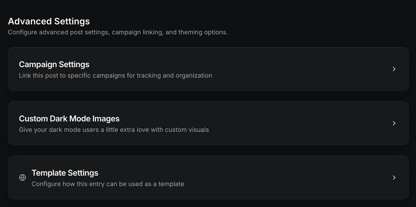 Advanced settings panel showing Campaign Settings, Custom Dark Mode Images, and Template Settings configuration options