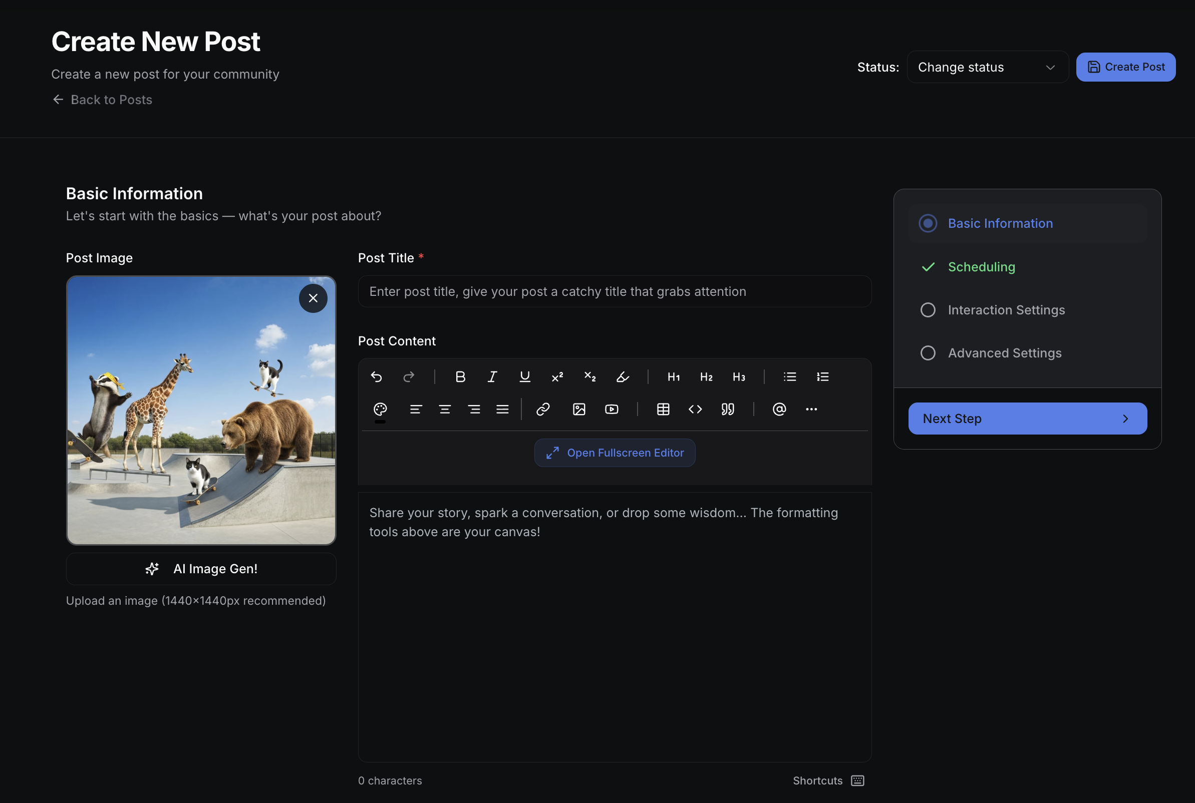 Create New Post interface showing post image upload area, title field, and rich text editor for content creation