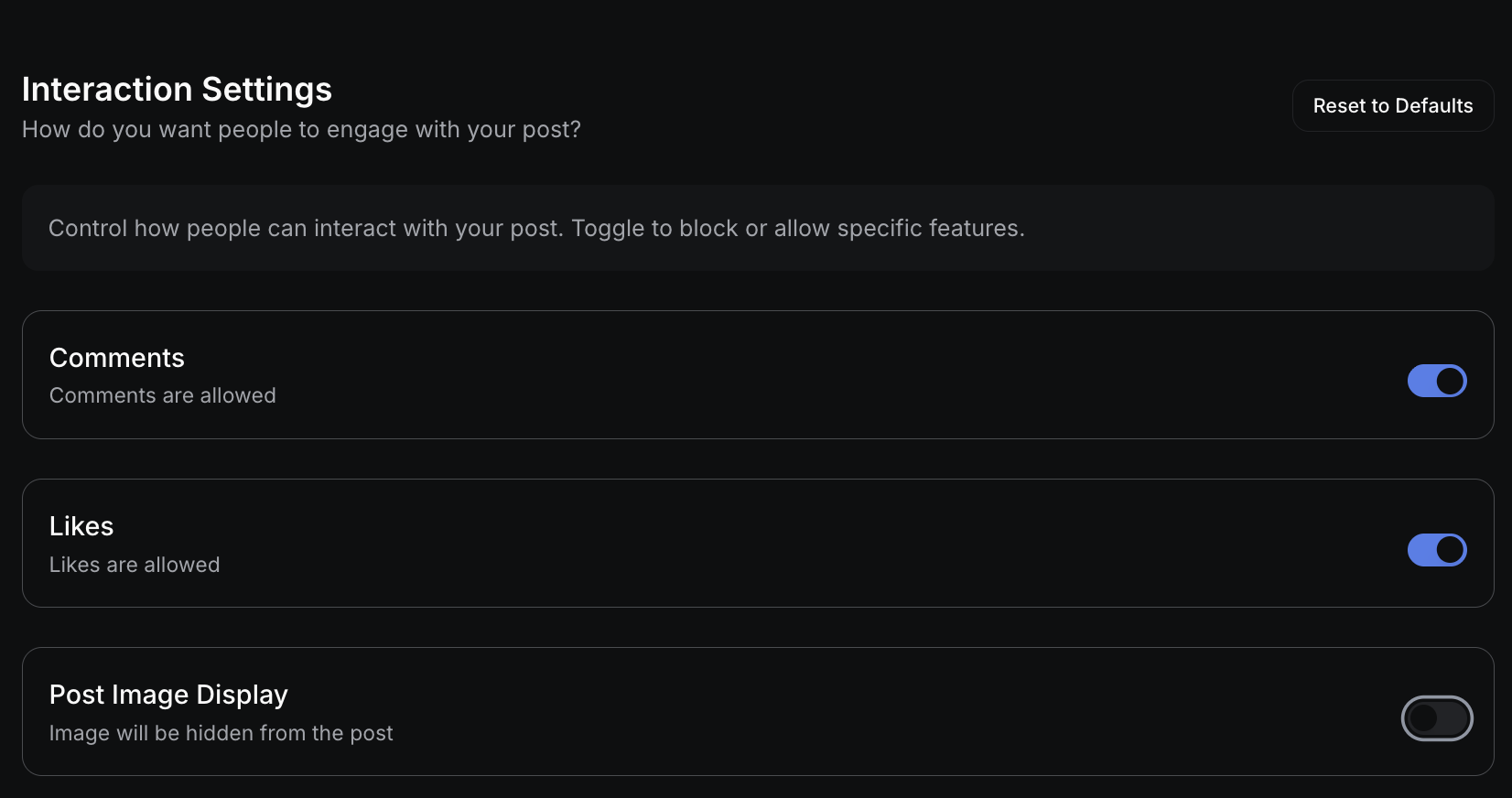 Interaction settings panel showing toggles for Comments, Likes, and Post Image Display options