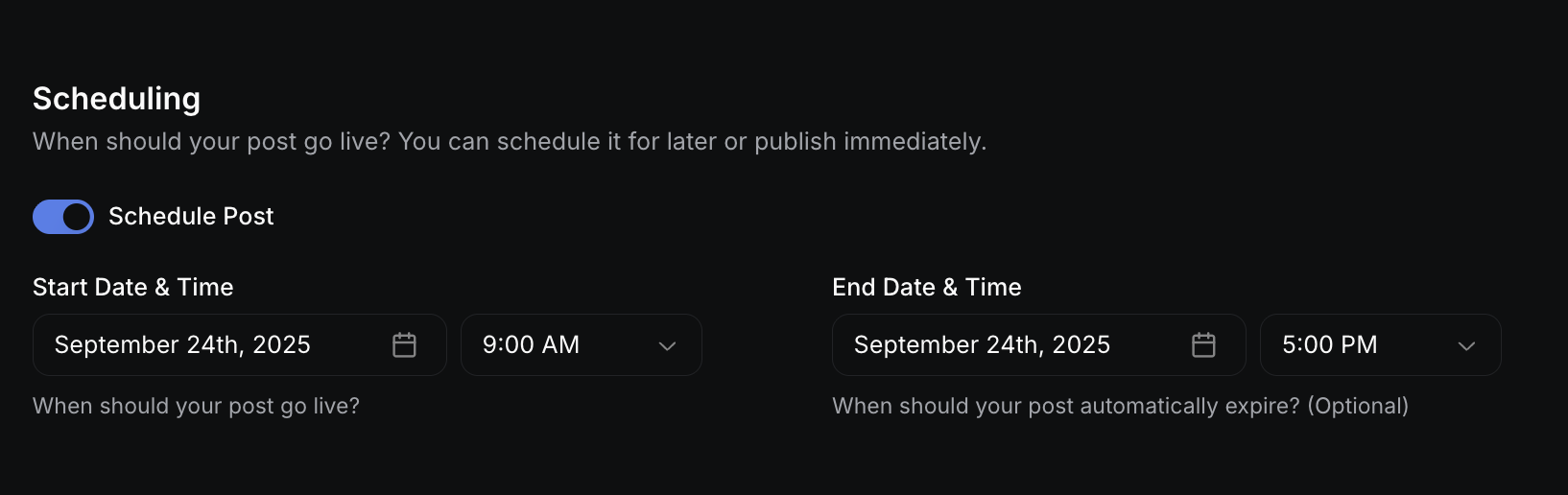 Scheduling interface displaying start and end date/time controls for post publication timing