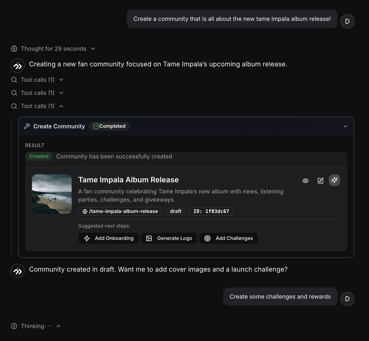 AI agent creating Tame Impala fan community showing reasoning process, tool calls, and results
