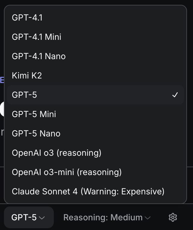 AI model selection dropdown showing various GPT and reasoning models
