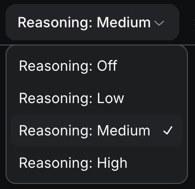 Reasoning level settings showing Off, Low, Medium (selected), and High options