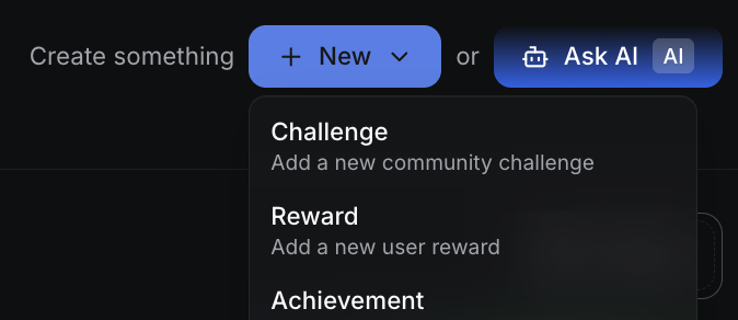 Ask AI dropdown menu showing options to create Challenge, Reward, and Achievement with AI assistance