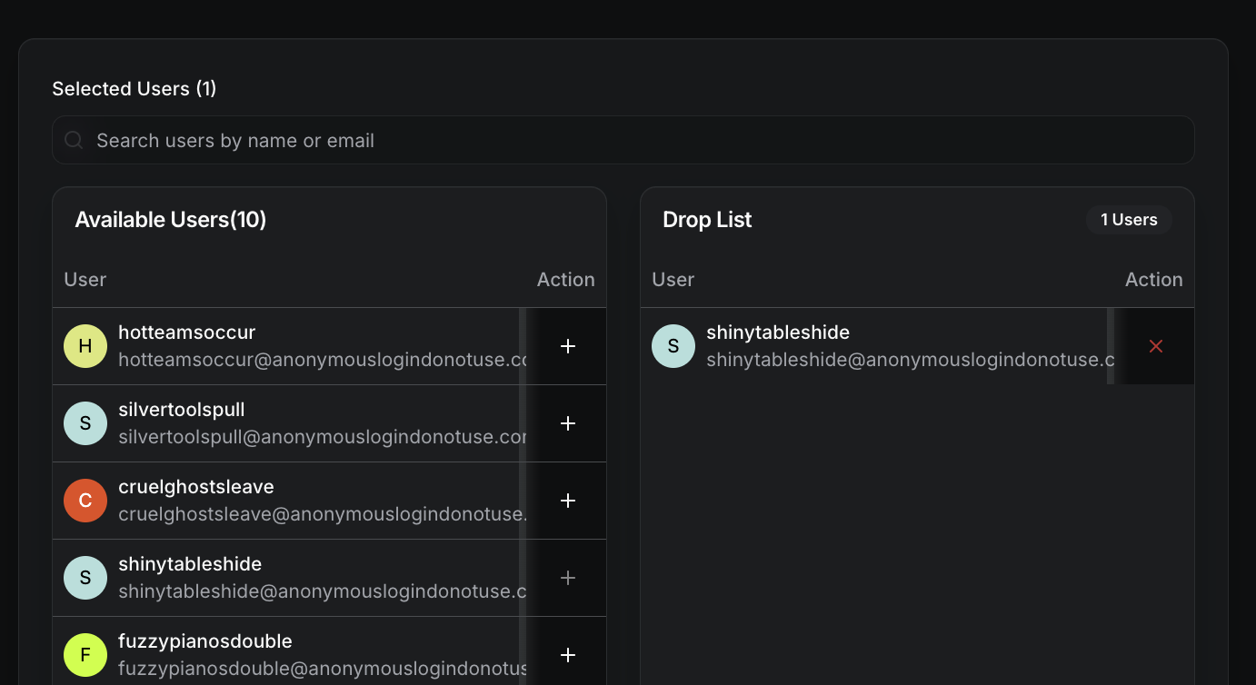 Gift Rewards User Selection Interface