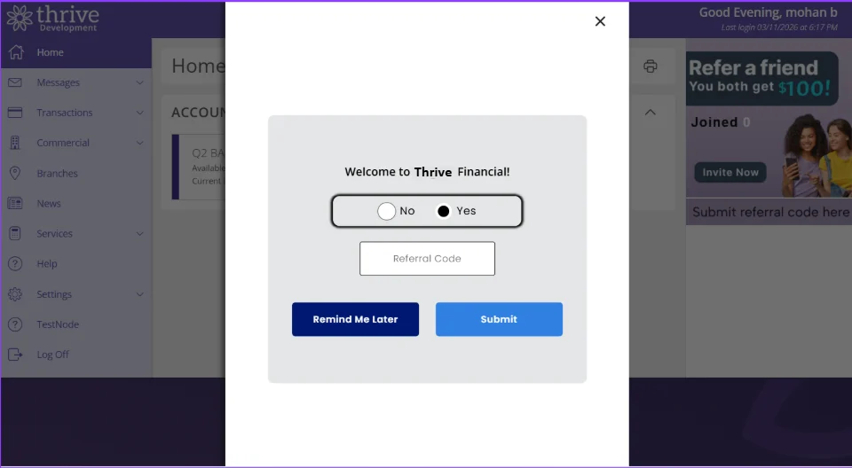 Referral code submission prompt