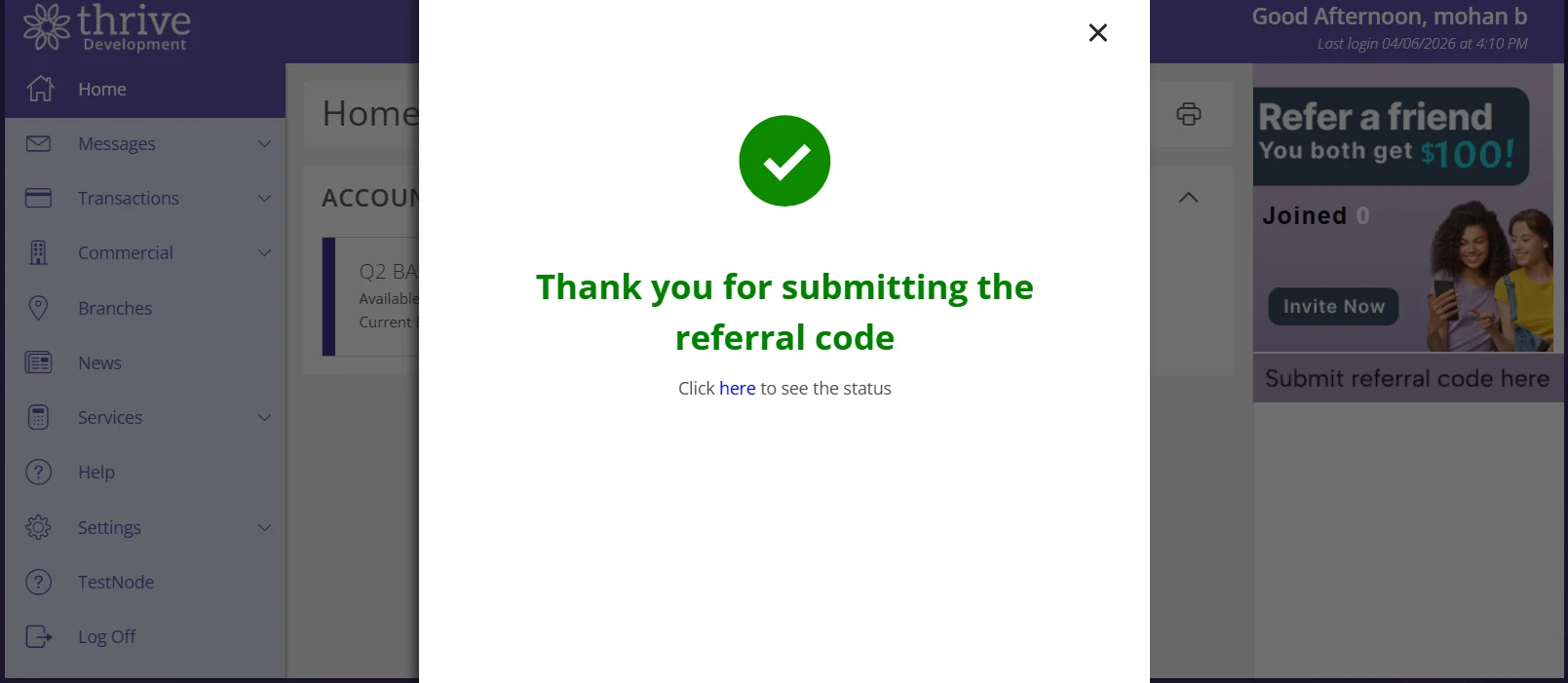 Referral code success page