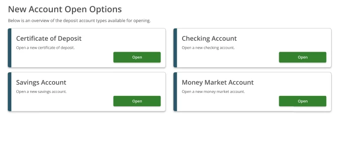 New Account Open Options — four tiles: Certificate of Deposit, Checking Account, Savings Account, Money Market Account each with an Open button