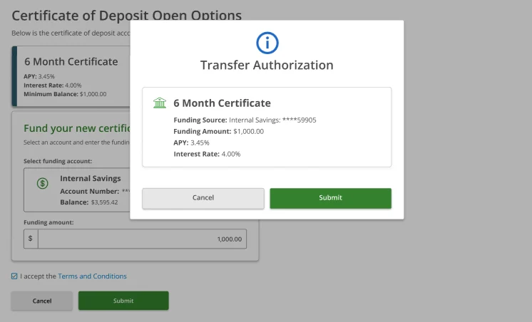 Transfer Authorization modal — 6 Month Certificate, Funding Source: Internal Savings ****59905, Funding Amount $1,000.00, APY 3.45%, Interest Rate 4.00%