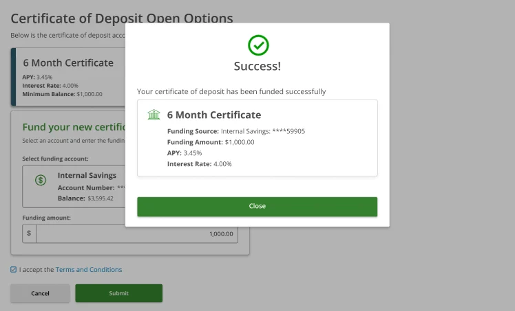 Success modal — Your certificate of deposit has been funded successfully. Shows 6 Month Certificate: Funding Source Internal Savings ****59905, Funding Amount $1,000.00, APY 3.45%, Interest Rate 4.00%