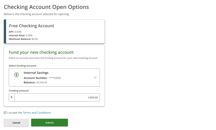 Checking Account Open Options — Internal Savings ****59905 (Balance $3,595.42) selected, Funding amount $1,000.00, Terms and Conditions checked