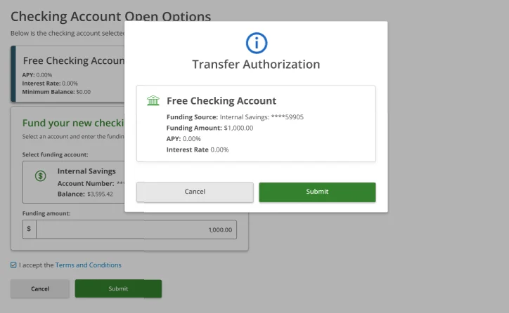 Transfer Authorization modal — Free Checking Account, Funding Source: Internal Savings ****59905, Funding Amount $1,000.00, APY 0.00%, Interest Rate 0.00%