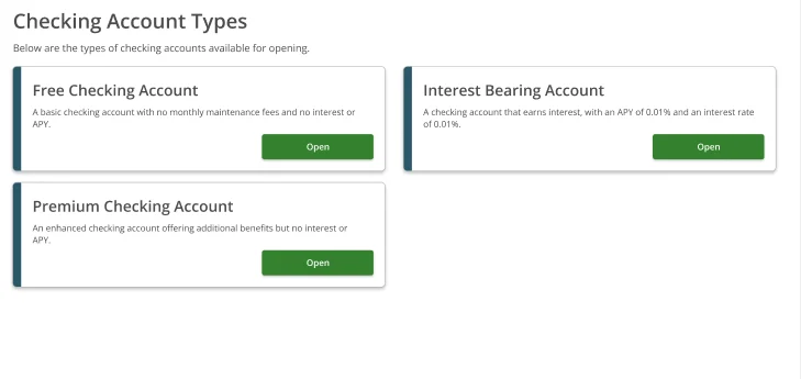Checking Account Types — three tiles: Free Checking Account, Interest Bearing Account, Premium Checking Account each with an Open button