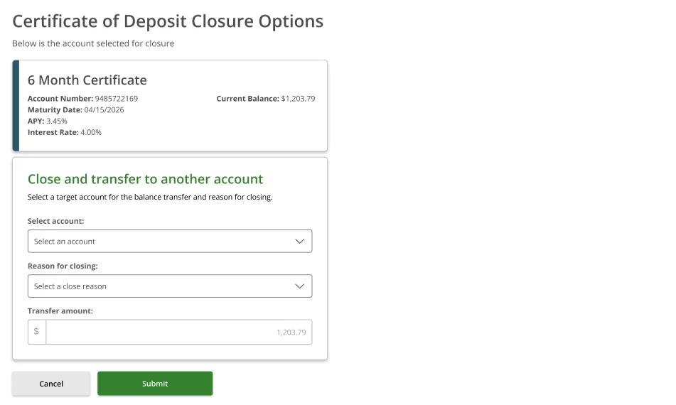 Certificate of Deposit Closure Options — blank form with Select account dropdown, Reason for closing dropdown, and Transfer amount field showing 1,203.79