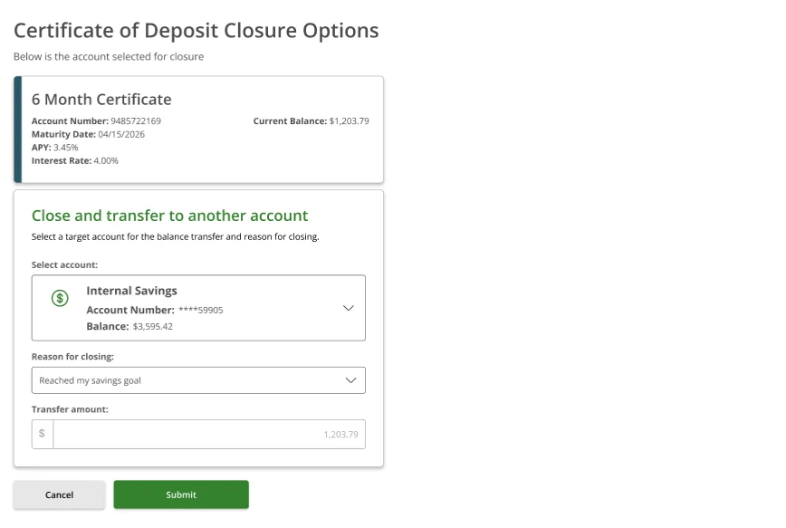 Closure Options form filled — Internal Savings ****59905 selected, Reason: Reached my savings goal, Transfer amount $1,203.79